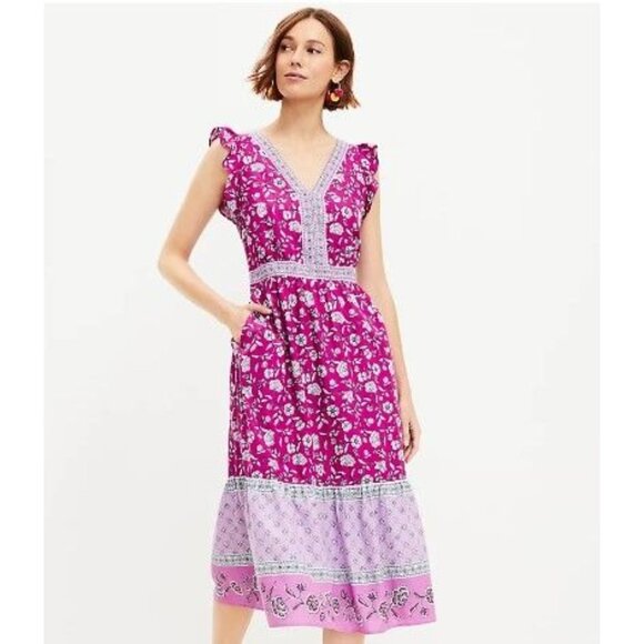 LOFT Women's Border Ruffle Floral V-Neck Sleeveless Midi Dress Size 10 - Picture 3 of 9